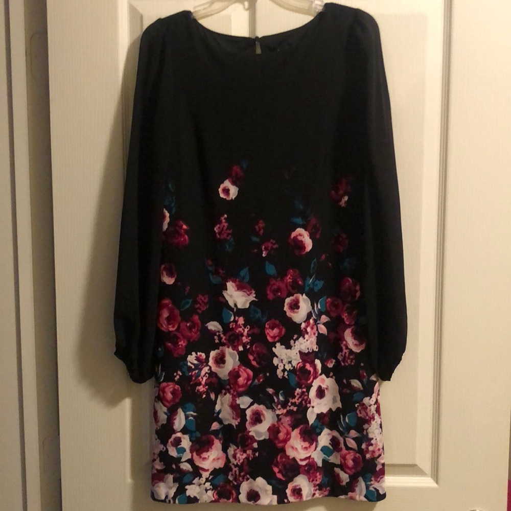 WHBM Long sleeve black floral dress, size 4